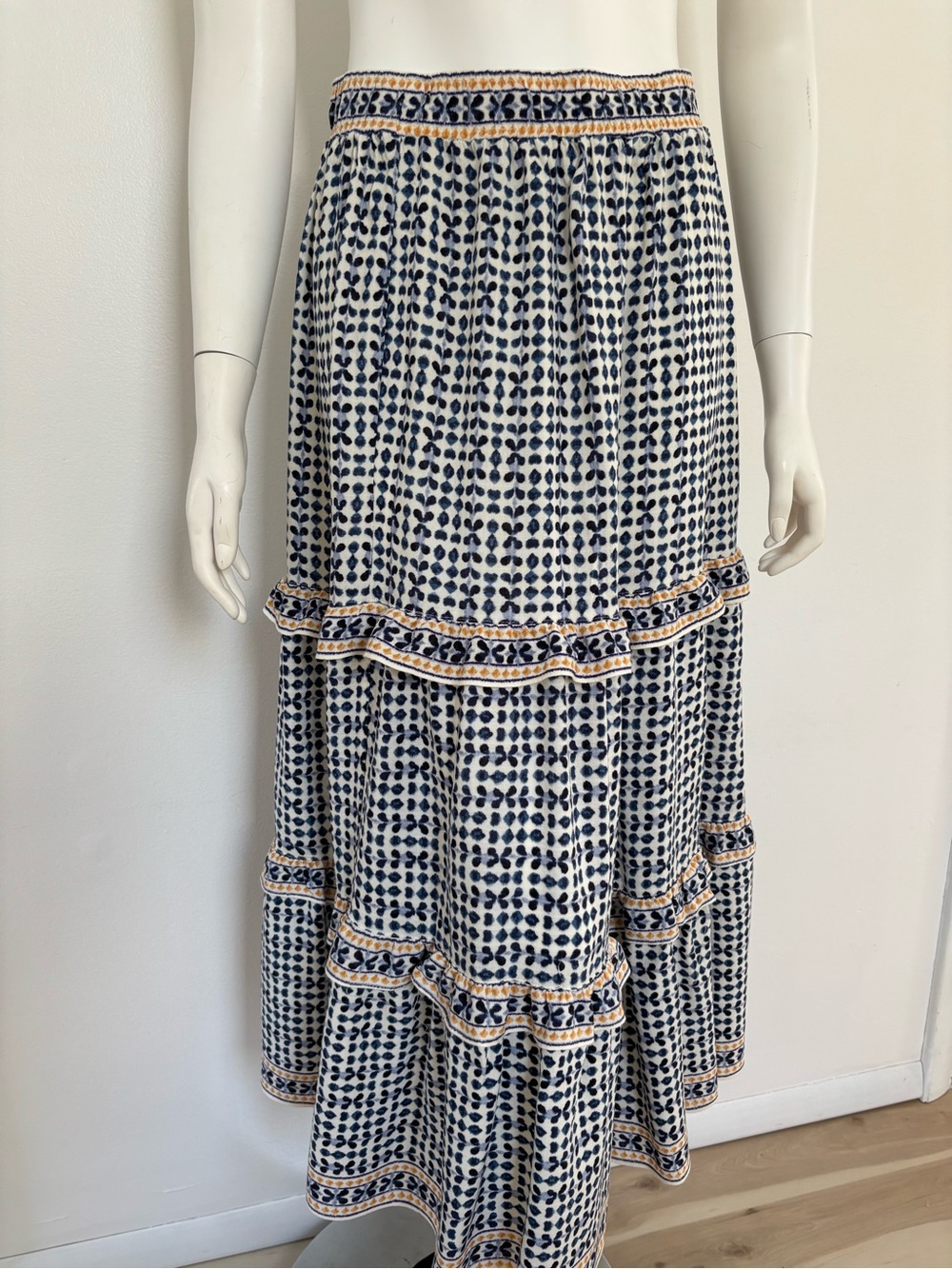 Max Studio Navy and White Patterned Maxi Skirt with Mustard Trim